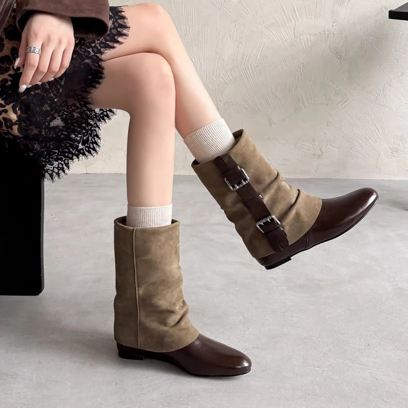 Brown patchwork mid boots